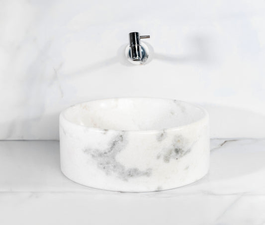 Carrara White Cylindrical Marble Sink – with a free marble soap dispenser