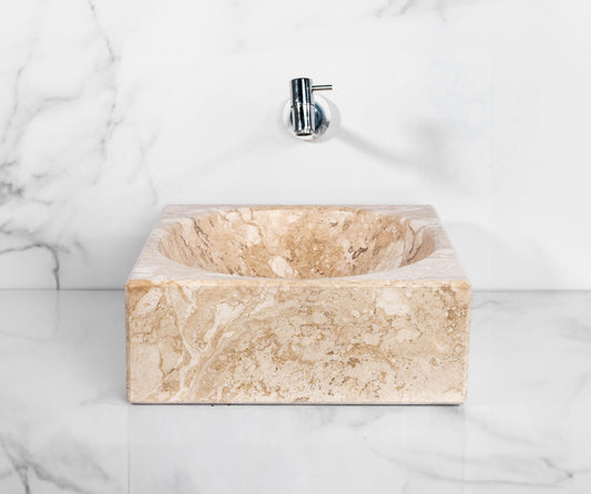 Bahia Beige Square Marble Sink – with a free marble soap dispenser