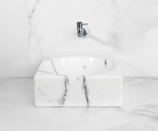 Carrara White Square Marble Sink – with a free marble soap dispenser