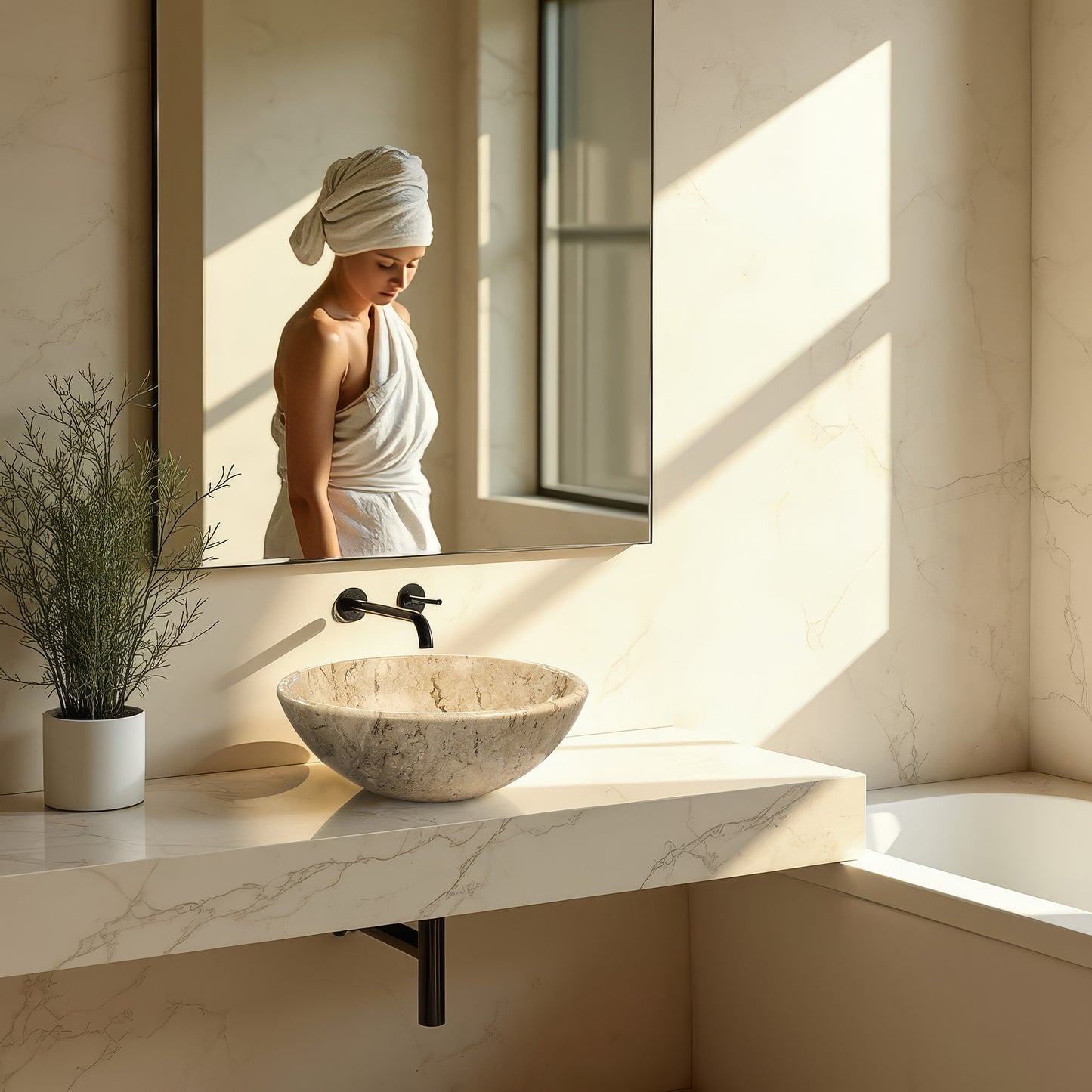 Small Round Sink – Beige Bahia – with a free marble soap dispenser