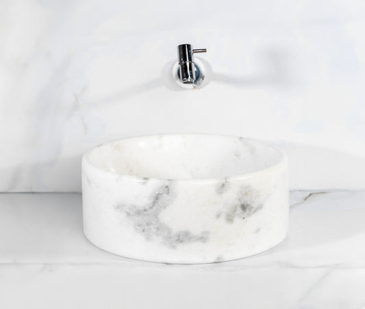 Carrara White Cylindrical Marble Sink – with a free marble soap dispenser