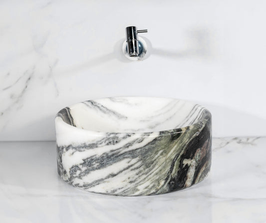 Exotic White Cylindrical Marble Sink – with a free marble soap dispenser