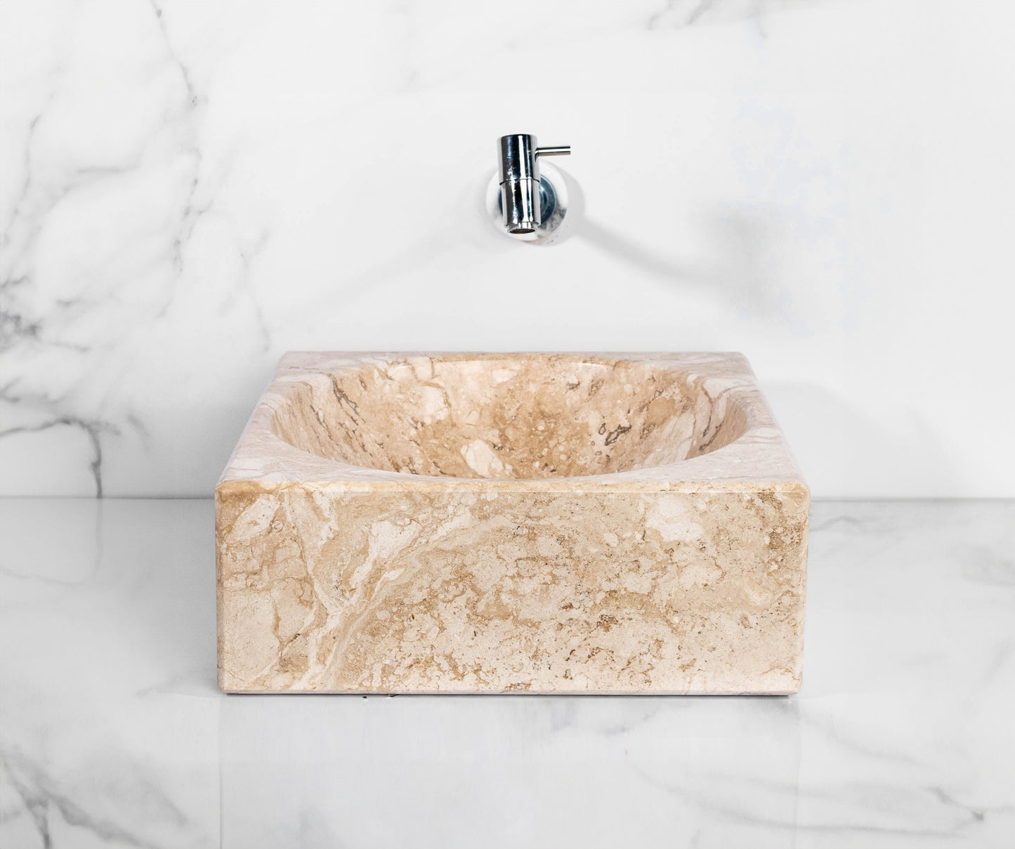Bahia Beige Square Marble Sink – with a free marble soap dispenser