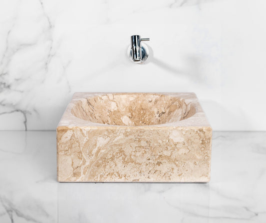 Bahia Beige Square Marble Sink – with a free marble soap dispenser