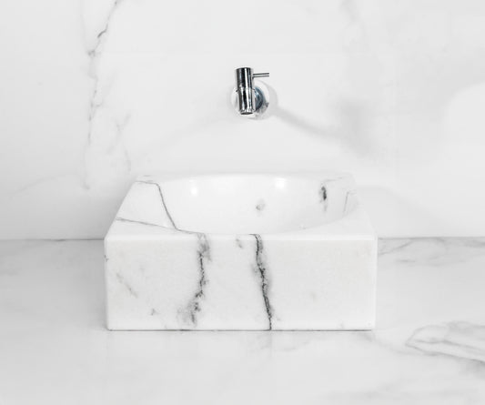 Carrara White Square Marble Sink – with a free marble soap dispenser